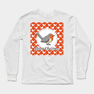 Robin on Orange White Bird Pattern - Merry Xmas Long Sleeve T-Shirt